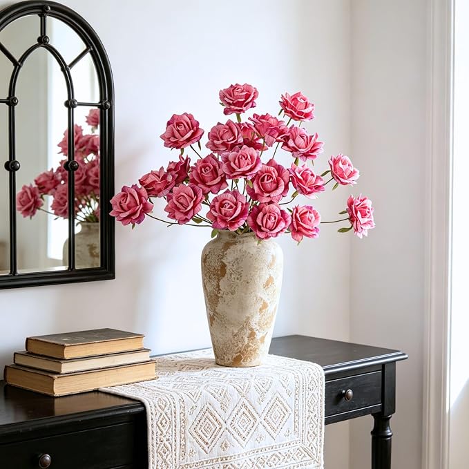 INXUGAO Artificial Flowers Fake Roses for Outdoor, 6Pcs 28" Long Stem Silk Roses for Wedding Indoor Outside Party Decor, Realistic Faux Bouquet for Tall Vase Planter (Fuchsia)