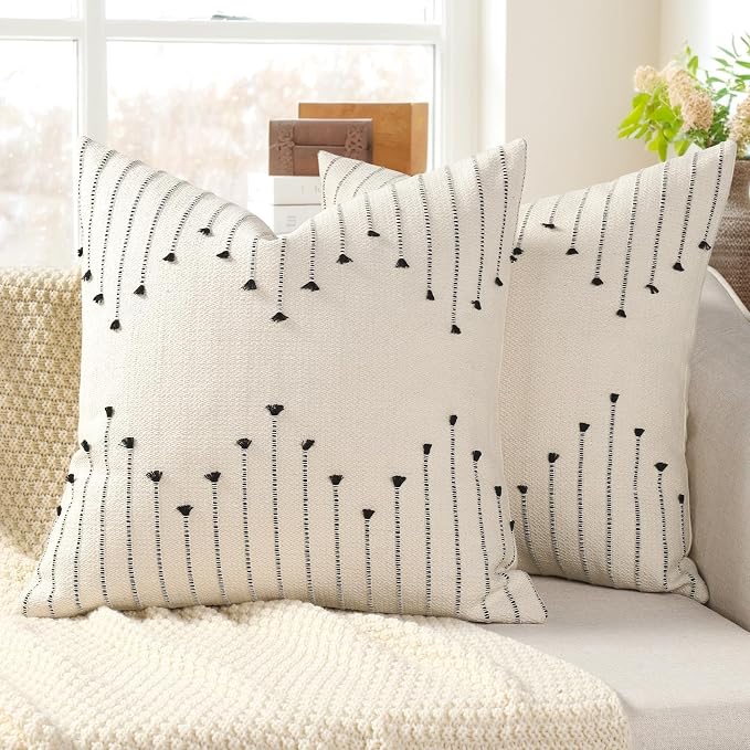 YCOLL Boho Outdoor Throw Pillow Covers 16x16 Set of 2 Neutral Woven Decorative Pillowcases Cotton Tufted Couch Pillows Modern Farmhouse Cushion Covers for Sofa Couch Bed Living Room Home Decor, Black