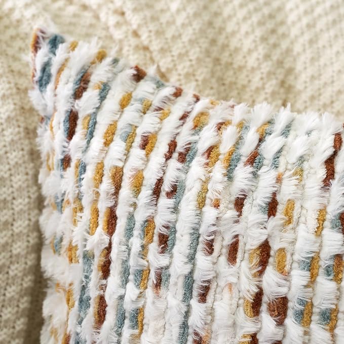 Aeckself Boho Chenille Tufted Pillow Cover 18 x 18 Inch, Decorative Square Throw Pillow Cover Neutral Pillowcase for Couch Bedroom Living Room, Orange White