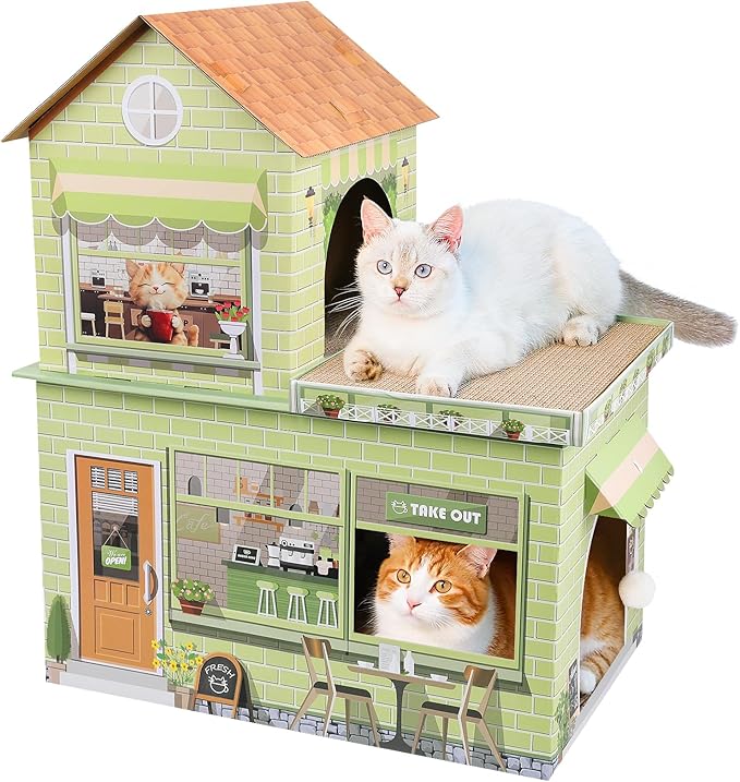 Cardboard Cat Houses for Indoor Cats Kitten Scratcher Houses Cafe Themed | Cat Condos Hut Hideout Play House Bed with Scratching Pads, Scratch Box for Large Kitty Rabbit Bunny Small Animals