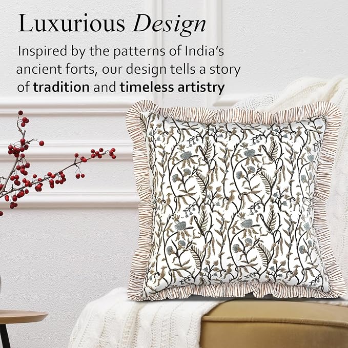 CPC Cocoa Vine Hand Block Print 100% Cotton Ruffle Throw Pillow Cover 24x24 inch with Hidden Zipper Decorative for Couch, Bed, Sofa, Farmhouse, Cottagecore Decor Gift Christmas Fall Thanksgiving