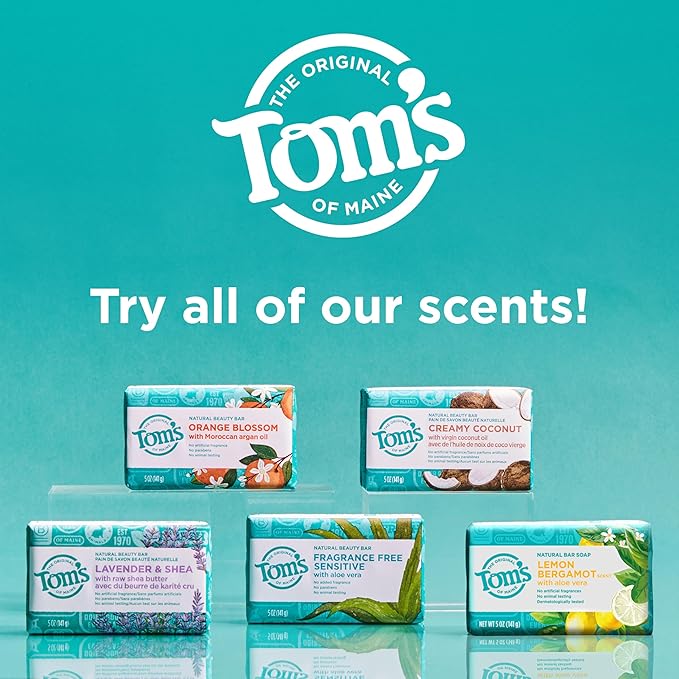 Tom’s of Maine Lemon Bergamot Natural Bar Soap with Aloe Vera, Dermatologically Tested, Paraben Free, Vegan, 5 oz, 4 pack