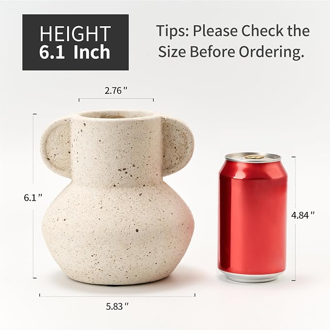 Emotionally Grounded Vase, Vaseking Ceramic Rustic Vase with 2 Handles, 6.1 inch Minimalist Decorative Farmhouse Vases for Home Decor, Living Room, Enterway, Table Decoration, Speckled White