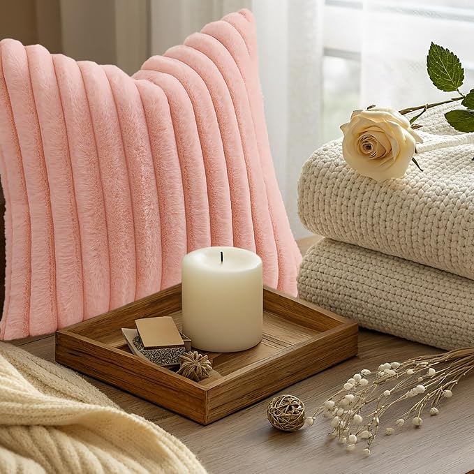 decorUhome Fall Faux Fur Throw Pillow Covers 26x26 Set of 2 Blush Pink | Decorative Soft Cozy Striped Plush Modern Farmhouse Boho Couch Pillow Cases Velvet Back for Sofa Bed Living Room Home Decor