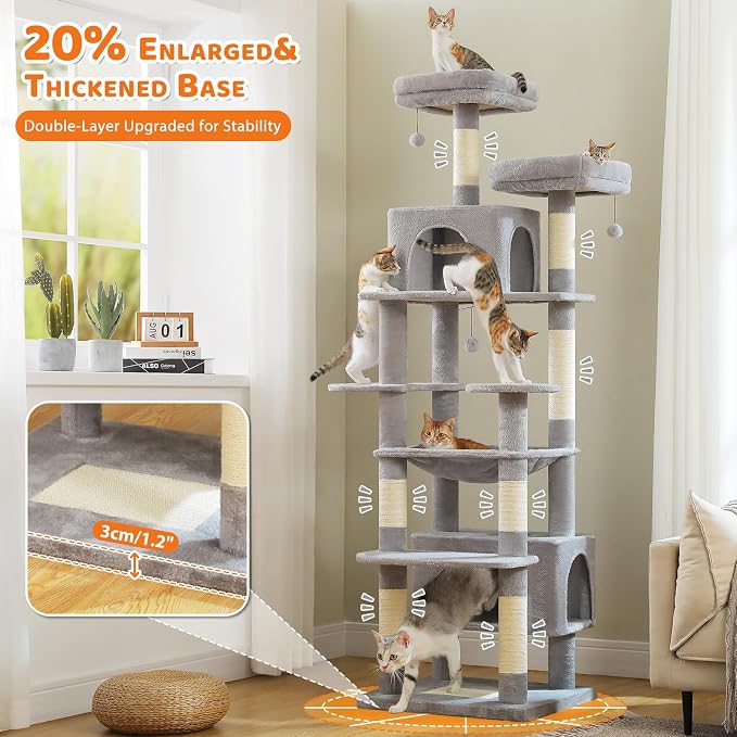 PAWZ Road XXL 81" Cat Tree Large Cats with Big Condos,Perches Sisal Posts | 20"x16" hammock for adult cats, tall cat tower with 7 scratching posts, dual perch and large condo for big maine cats