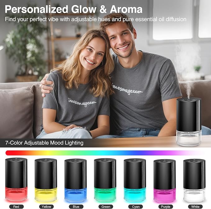 Waterless Essential Oil Diffuser Stater Kit - Included 3x20mL Essential Oils, Battery Operated, Cold Air Scent Diffuser for Home, Car, Office, Portable Diffuser with 7-Color Light, 100mL, Black