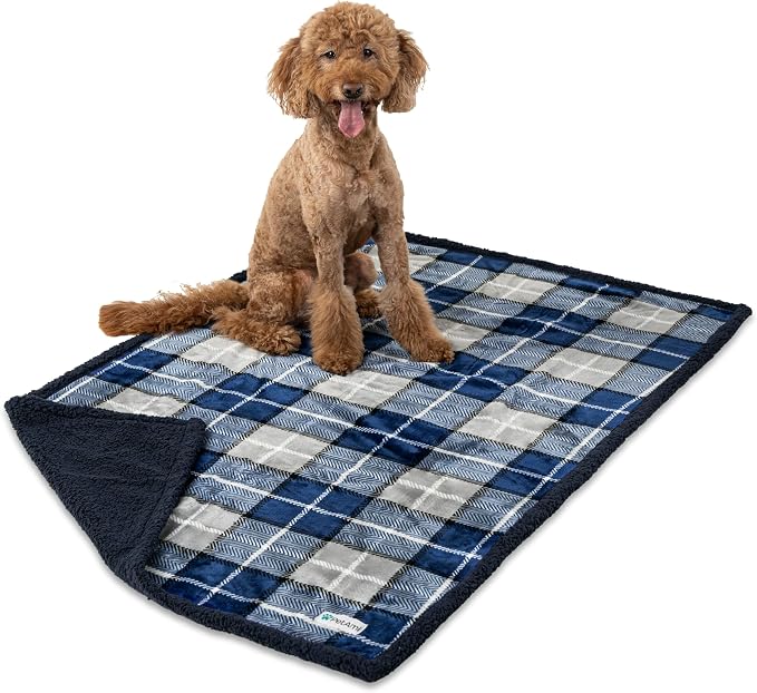 PetAmi Waterproof Dog Blanket for Large Dog Cat Pet, 60x80, Plaid Navy | 460 GSM Sherpa Fleece Reversible, Pee Proof, Furniture Protector Cover for Couch Sofa Bed Kennel, Washable, Extra Large