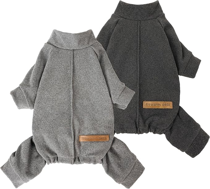 Fitwarm 2 Pack Lightweight Fleece Dog Pajamas, Warm Winter Clothes for Small Dogs Boy Girl, Cozy Pet Onesie with Feet, Dark Gray, Light Gray, Large