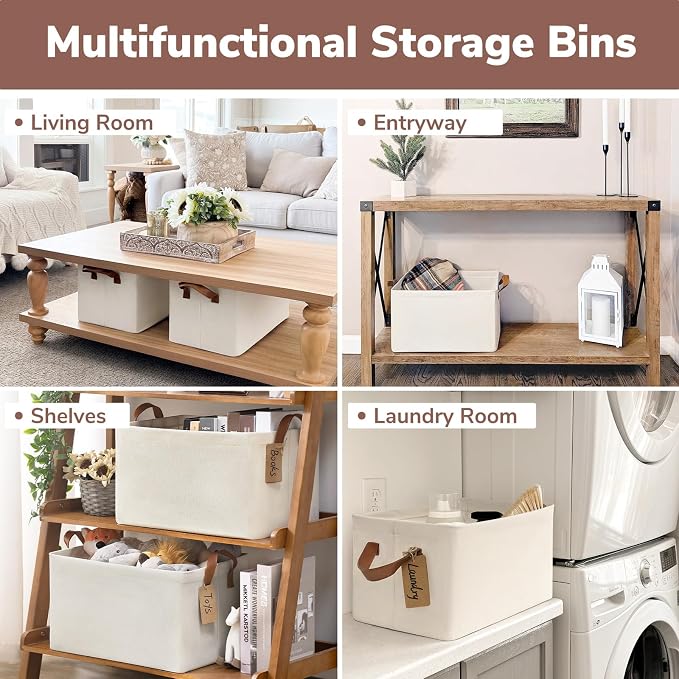 CHICVITA 4-Pack Closet Storage Bins, Fabric Shelf Baskets, Beige | 16 ¾" L x 11" W x 9 ¾" H, Collapsible Design, Clothes, Toys & Books Storage, Bedroom, Closet & Living Room Organization
