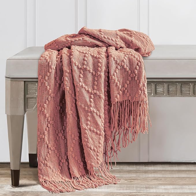 BOURINA Coral Pink Throw Blanket 50 x70 Inch Jacquard Throw Knitted Blanket | Jacquard Argyle Throw Textured Solid Soft Throws and Blankets for Sofa or Bed Knitted Decorative Blanket