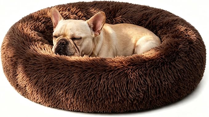 Calming Donuts Dog And Cat Bed, Anti-Anxiety Round Fluffy Soft Washable Small Medium Pet Bed For Puppy And Kitten, Cuddler Warming Comfortable Luxury Anti-Slip Waterproof Mute Base 24in Coffee