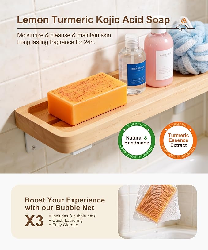 Lemon Turmeric Kojic Acid Soap, 4 Pcs Turmeric Soap Bar Infused with Hyaluronic Acid, Vitamin C，E, Shea Butter for Face & Body Deeply Clean, 3 Foam Nets