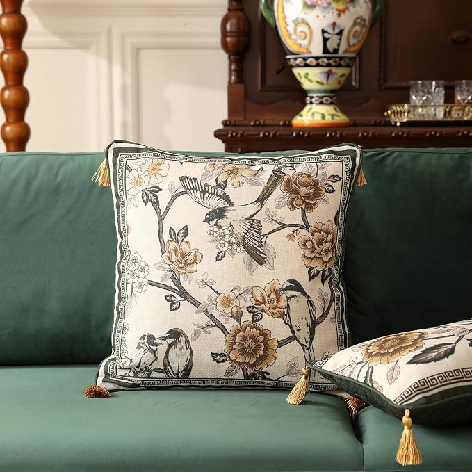 Vintage Linen Square Throw Pillow Cover,Set of 2,18"x18"-Murad A | Designer French Decor Pillow Cover,Concealed Zipper Design,Floral and Bird Pattern,Sofa,Bedroom,Living Room,Lounge Chairs