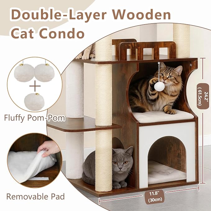 Modern Cat Tree Tower, 2-Layer Condo & Perch, Big Hammock 102SR | 70.9''Wood Cat Tower House Large Platform with Safe Guardrail for Indoor Cats Adult, All Sisal Scratching Post, Rustic Brown