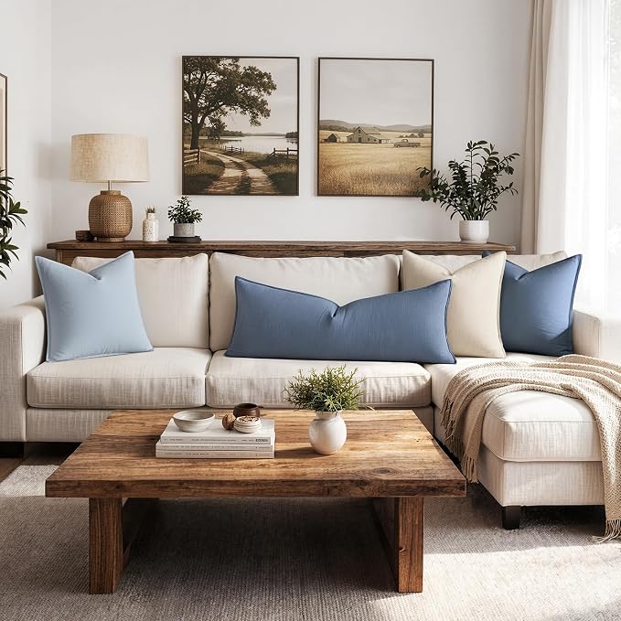 MIULEE Decorative Linen Lumbar Pillow Cover 14x36 Inch Blue Ashes | Boho Farmhouse Couch Long Throw Pillow for Bed, Pack of 1 Accent Coastal Modern Pillowcase, Sofa Livingroom Home Decor