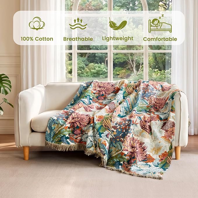 MSGKV Boho Throw Blanket 50"x60" 100% Cotton Floral Muslin Sofa Blanket | Cotton Throw, Muslin Blanket, Summer Breathable, Lightweight Comfort, Farmhouse Home Decor, Chair Throw, Machine Washable