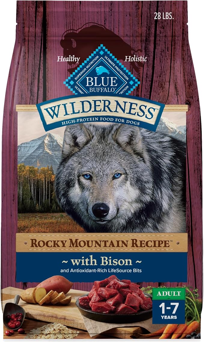 Blue Buffalo Wilderness Rocky Mountain Recipe Bison Dry Dog Food, 28 lb | 31g Protein, Real Bison #1 Ingredient, Wholesome Grains, Antioxidant-Rich Fruits & Veggies, High Protein to Fuel Adventures