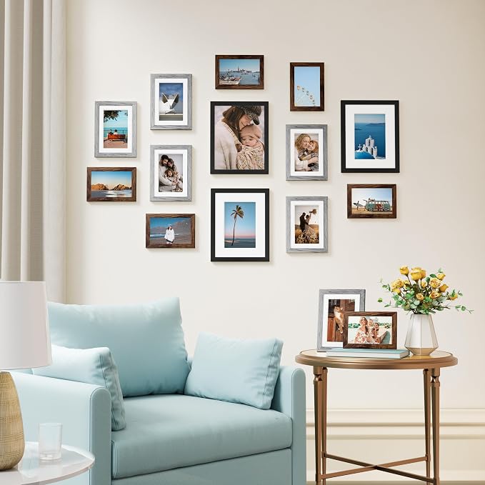 Vittanly 15 Pack Gallery Wall Frame Set, Black, Brown, Grey | Picture Frames Collage Wall Decor: 3pcs 8x10, 6pcs 5x7, 6pcs 4x6. Picture Frame Set for Wall or Tabletop Display