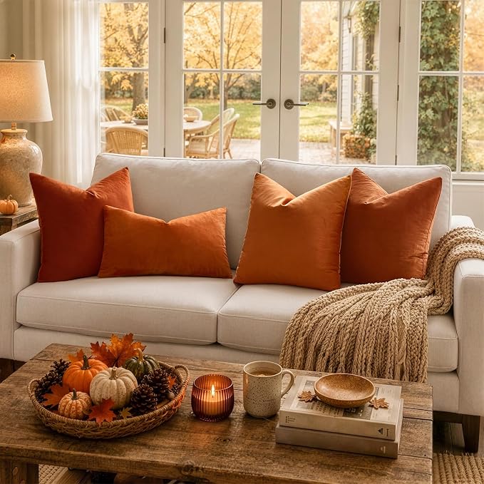 MIULEE Velvet Fall Throw Pillow Covers 16x16 Inch Pack of 2 Orange | Soft Solid Small Decorative Pillow Covers, Modern Luxury Home Decor, for Couch Chair Sofa Bedroom Livingroom Car