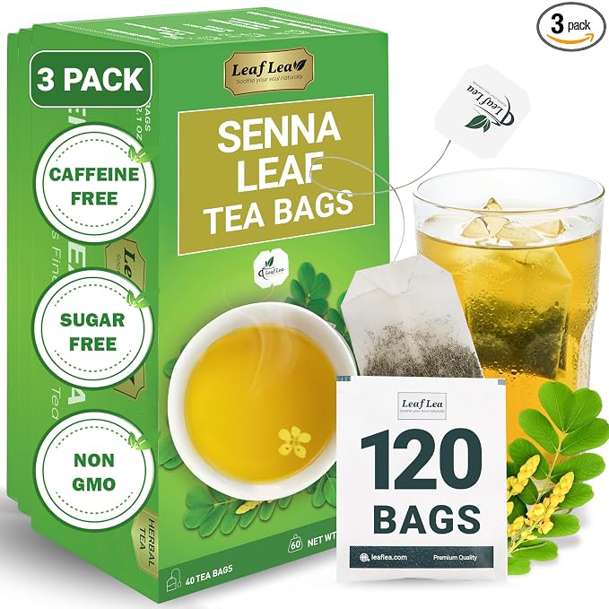 LeafLea Senna Tea Bags, Laxative Tea & Digestive Cleanse, 120 Ct, 3 Boxes | 100% Senna Leaves, Caffeine-Free, Sugar-Free, Gluten-Free, Non-GMO, Vegan, Individually Foil-Wrapped, Family Bulk