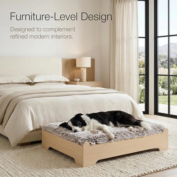 Elevated Wood Dog Bed Frame with Foam Mattress, WoodPattern, L | Raised Dog Bed with Washable Cover, Furniture-Style Design for Indoor Living