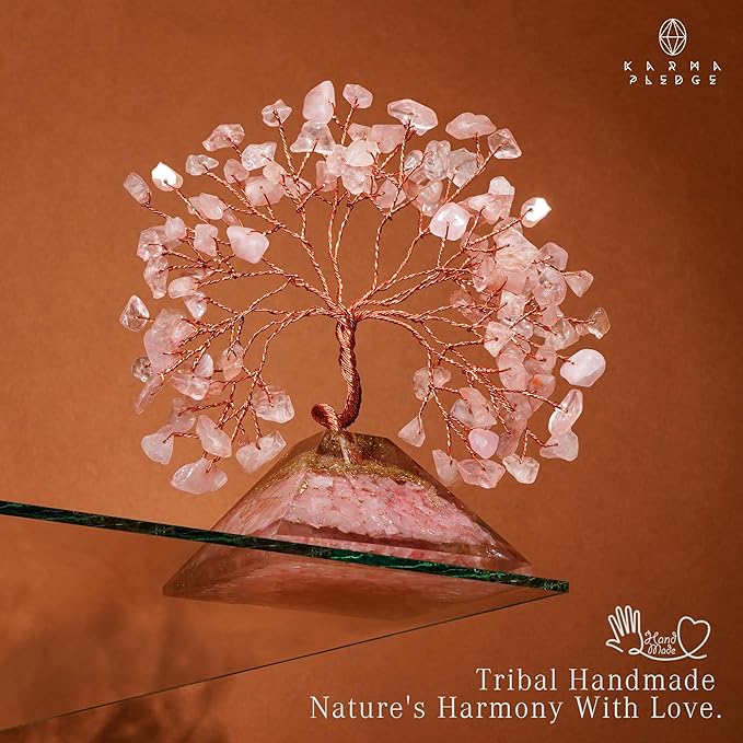 Rose Quartz Crystal Tree Good Luck Birthday Gifts for Women Mom Friends Sister Home and Office Desk Decor, Pyramid Base Reiki Healing Stones Chakra Tree of Life for Positive Energy, Money, Sucess