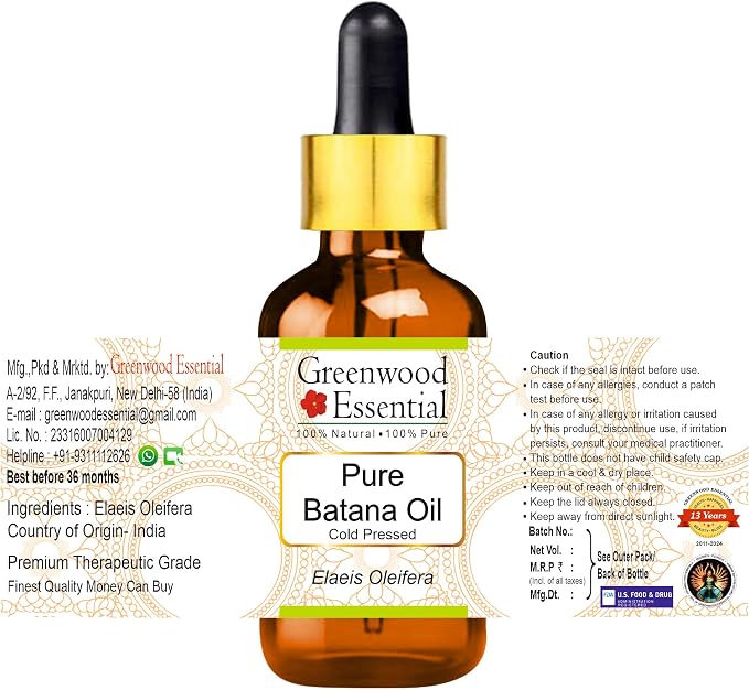 Greenwood Essential Pure Batana Oil (Elaeis Oleifera) Cold Pressed With Glass Dropper 30ml (1 oz)