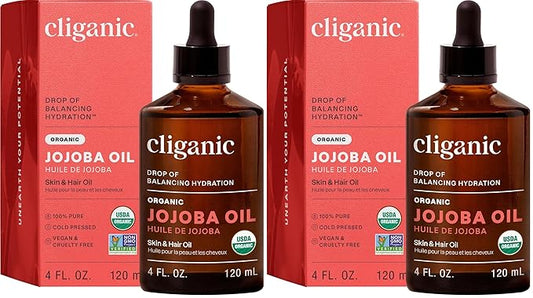 Cliganic Organic Jojoba Oil, 100% Pure (4oz) | Moisturizing for Face, Hair, Skin & Nails | Natural Cold Pressed Hexane Free | Base Carrier Oil (Pack of 2)