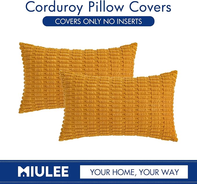MIULEE Lumbar Corduroy Decorative Throw Pillow Covers 12x20 Gold Yellow | Pack of 2 Soft Boho Striped Pillow Covers Modern Farmhouse Home Decor For Sofa Living Room Couch Bed