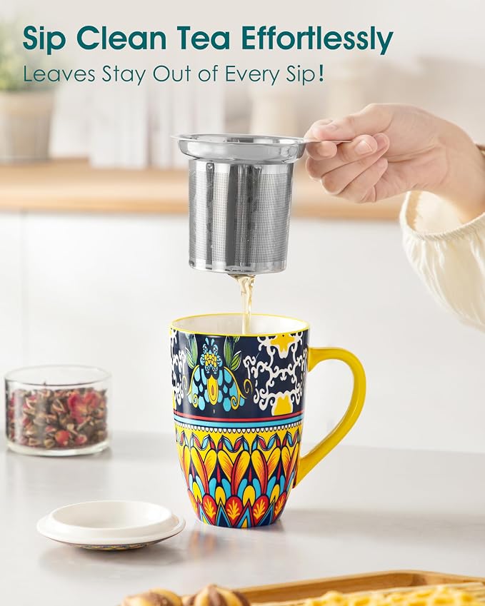 vancasso Ceramic Tea Cup with Infuser and Lid, 18 Ounce Tea Infuser Mug for Loose Leaf Tea, Microwave & Dishwasher Safe, Bohemian Mandala, Gift for Tea Lovers, Golden Lotus Mirage