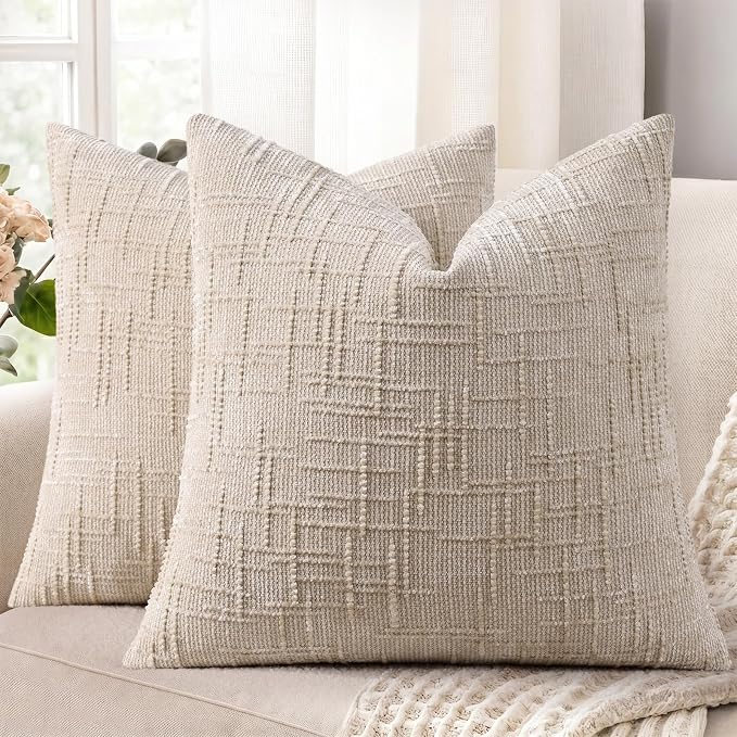 decorUhome Textured Chenille Throw Pillow Covers 26x26 Set of 2 Ivory | Fall Modern Farmhouse Soft Cozy Slubby Couch Pillow Cases Boho Decorative Pillow Cases for Bed Sofa Living Room Home Decor