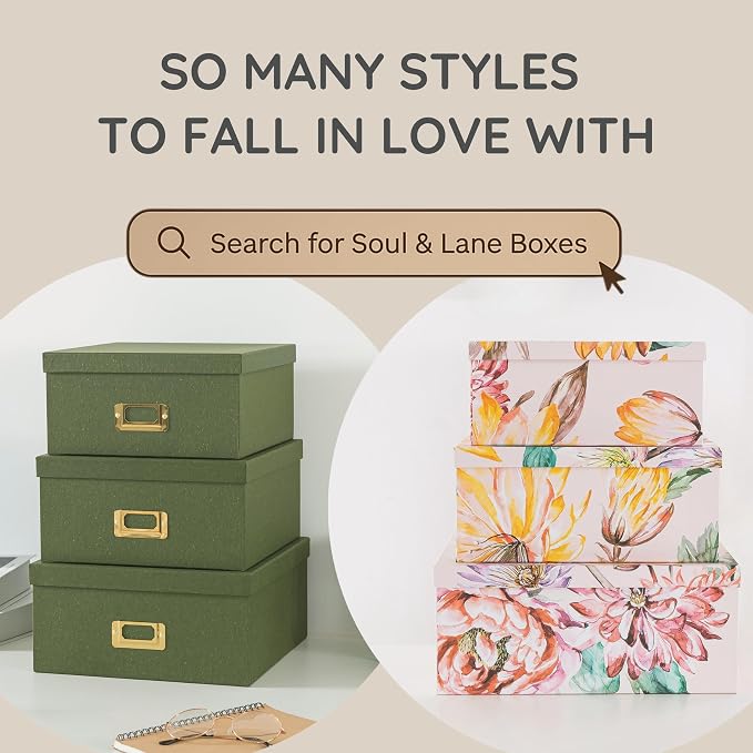 Soul & Lane - Modern Meadow Decorative Storage Boxes with Lids, Set of 3 | Large Nesting Cardboard Keepsake Boxes for Memories, Photos and Gifts, Pretty Modern Floral Containers for Home Decor