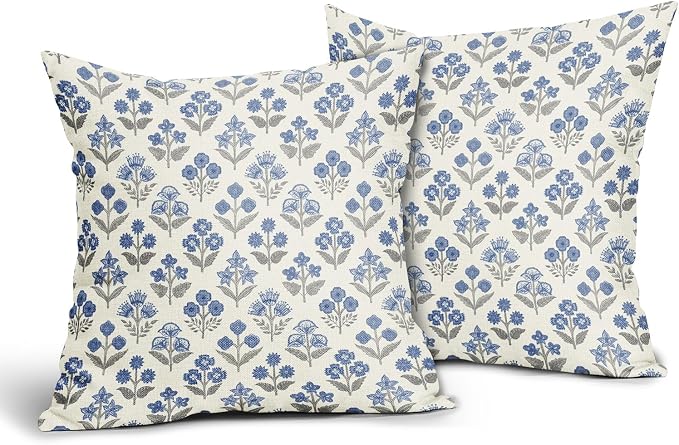 Blue Grey Gray Floral Block Print Pillow Covers 16x16 Inch Set of 2, Vintage Flower Pattern Decorative Throw Pillowcases Outdoor Farmhouse Cushion Covers Spring Summer Rustic Sofa Couch Bed Decor