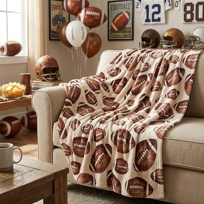 Horaldaily Football Beige Flannel Throw Blanket 50x60 | All Season Using Ultra Soft Fuzzy Plush Cozy Non-shedding Blanket for Couch Sofa Bed Camping, Ideal Gift for Kids Adults