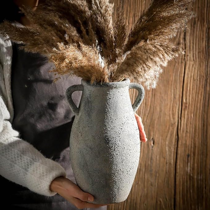 Ceramic Rustic Vase with Handle, 11.3 Inch Tall Farmhouse Vase | Vintage Terracotta Vase with 2 Handles Adds Rustic Charm to Living Room, Entryway, Table Centerpieces and Home Decor