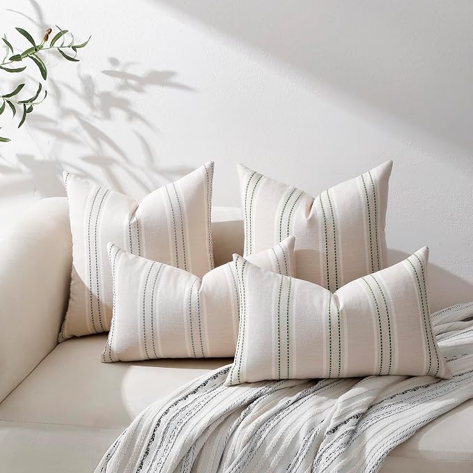 Hckot Grey Decorative Throw Pillow Covers 20x20 Set of 2 Boho Pillow Covers | Striped Farmhouse Pillows Textured Linen Square Cushion Covers for Sofa Couch Bed Living Room Decor(Light Grey)