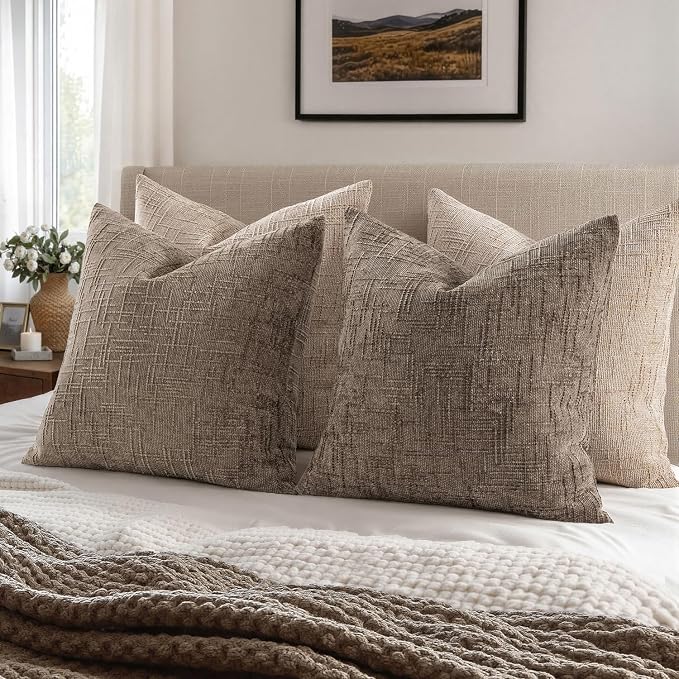 MIULEE Chenille Textured Throw Pillow Covers Taupe Grey 20x20 Set of 2 | Slubby Decorative Pillows, Fall Boho Farmhouse Home Decor, Modern Neutral Cushion Covers for Couch Sofa Bed Living Room