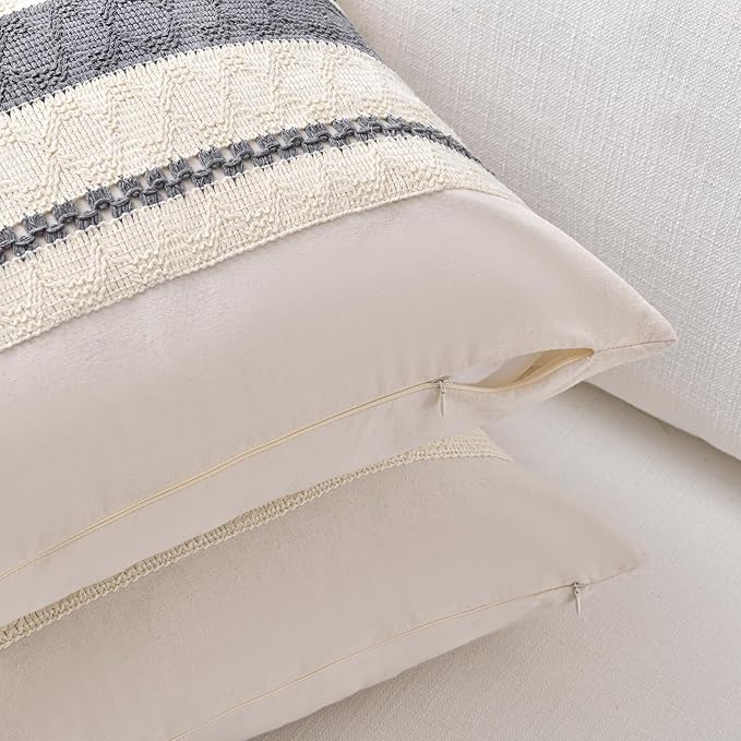 Fancy Homi Set of 1 Neutral Grey Farmhouse Small Decorative Throw Pillow Covers 14x14 Inch for Couch Bed Chair, Vintage Country Rustic Retro Room Decor, Soft Thick Cotton Handmade Woven Cushion Case