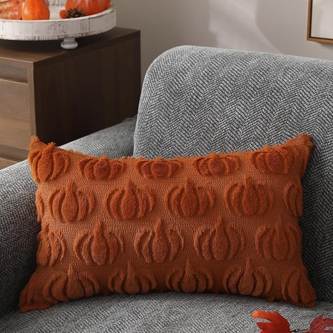 DFXSZ Fall Pillow Covers 12x20 2Pcs Rust Pumpkin Fall Decorations for Home | Fall decor Set of 2 Throw Pillow Cases Soft Plush Faux Fur Wool Couch Cushion for Chair Sofa Bedroom Living Room Home Decor