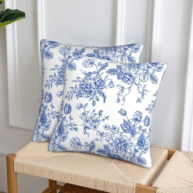Blue White Chinoiserie Floral Throw Pillow Covers 16x16 Set of 2 Farmhouse Decorative Cushion Cases Home Decor
