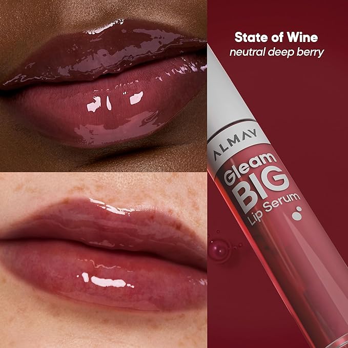 Almay Gleam Big Lip Serum, Hydrating and Moisturizing, Hypoallergenic Lip Gloss, Non-Sticky, 800 State of Wine, 0.13 fl oz