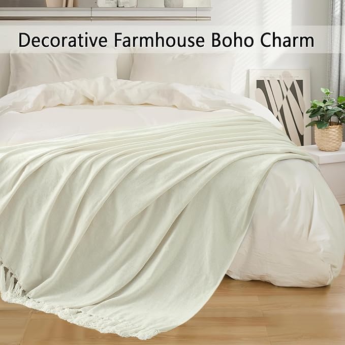 Chenille Throw Blanket for Couch 60" x 80" Twin, Ivory White | Soft Cozy Warm Throws with Fringe Tassel, for Living Room Bed Sofa Chair Cover, Lightweight Knitted Decorative Boho Blankets