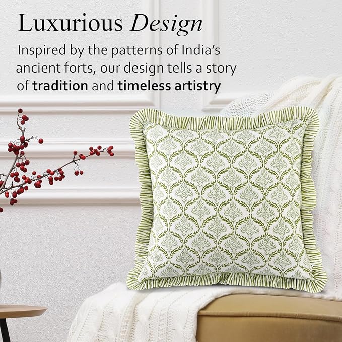 CPC Fern Regal Hand Block Print 100% Cotton Ruffle Throw Pillow Cover 20x20 inch with Hidden Zipper Decorative for Couch, Bed, Sofa, Farmhouse, Cottagecore Decor Gift Christmas Fall Thanksgiving
