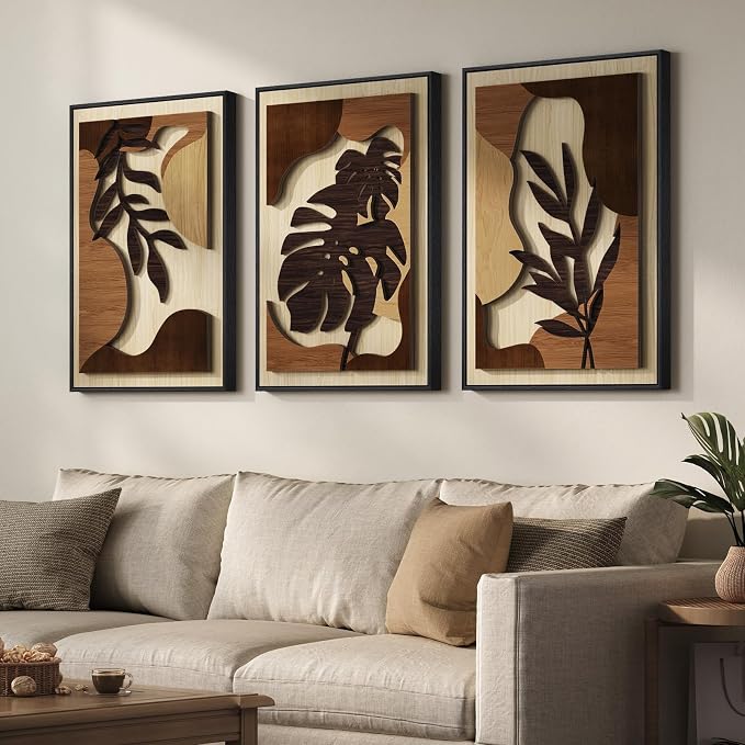 Framed Wood 3D Boho Textured Wall Art for Living Room, Large 3 Piece Carved Wooden Tropical Botanical Artwork for Walls, Brown Monstera Leaf Wood Bedroom Dining Room Home Office Wall Decor, 20x30 Inch