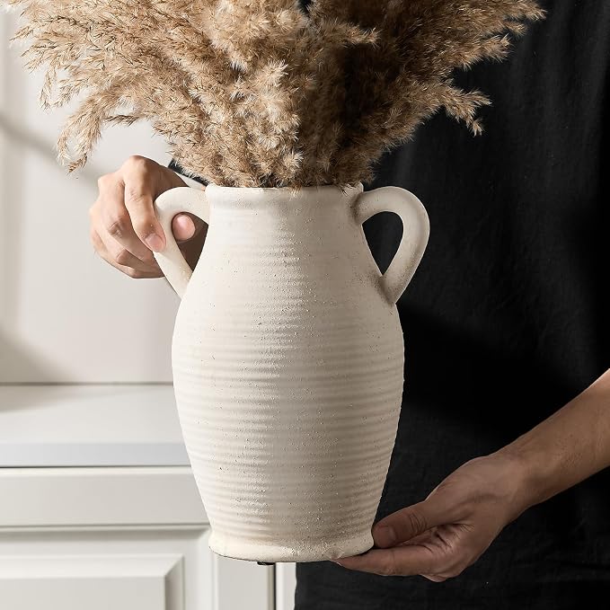 Emotionally Grounded Vase, Vaseking Large Ceramic Rustic Vase with 2 Handles, 9.8 inch Minimalist Decorative Farmhouse Tall Vases for Home Decor, Living Room, Enterway, Table Decoration, Fossil