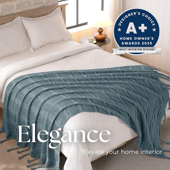 Boho Knitted Chenille Blanket with Tassels - Lightweight & Soft All-Season Throw - 3D Classic Pattern for Living Room Bedroom Couch, Celestial Blue, Throw 50"x60"