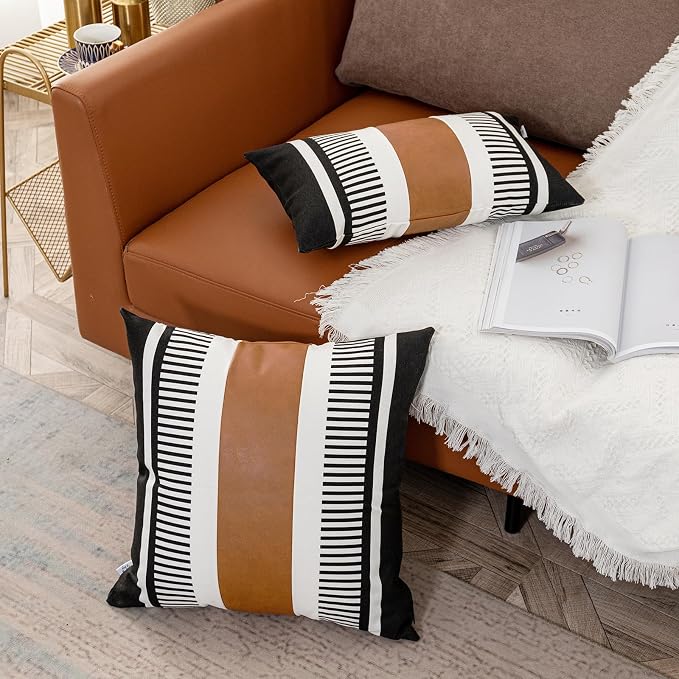 Black White Boho Pillow Cover with Leather Modern Couch Cushion Cover 22x22 inch Farmhouse Stripe Pillowcase for Couch Bed, Black