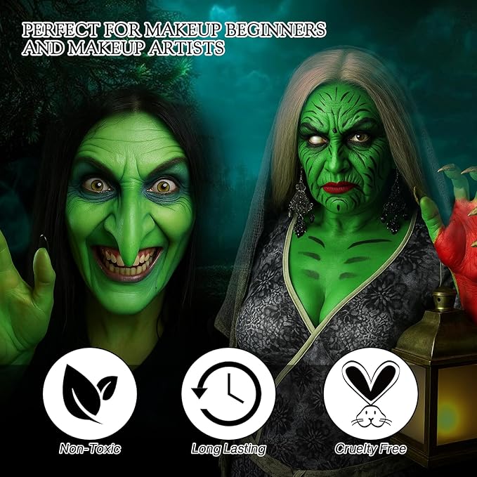 White Black Green Face Body Paint Witch Halloween Makeup Set- Oil-Based Facepaint with Brushes & Sponges for Kids Adults, Full Coverage Bodypaint for Monster Grinch Shrek Hulk Alien SFX Cosplay Party
