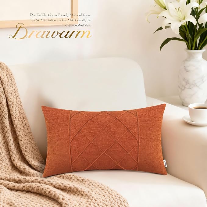 BRAWARM Chenille Throw Pillow Covers 12x20 Inches, Burnt Orange, 2 Pack | Decorative Lumbar Pleated Pillow Covers, Soft Cushion Cases for Sofa Bed Living Room Home Farmhouse (No Insert)