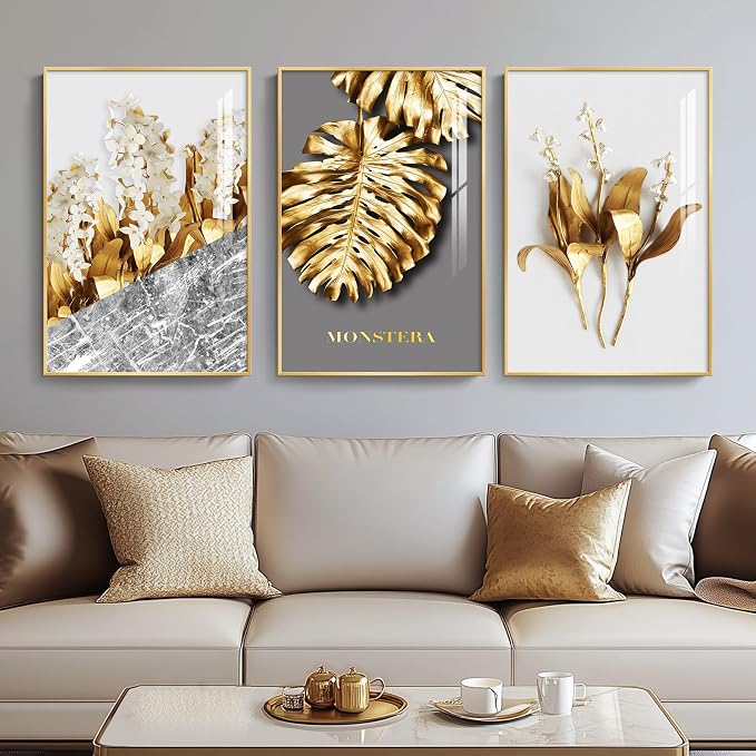 Framed Modern Luxury Gold Wall Art, Set of 3 Piece Contemporary Paintings Artwork for Walls, Golden Leaf Prints with Gold Frame, Pictures for Living Room, Hallway, Bedroom, Office Wall Decor 16x24 Inch